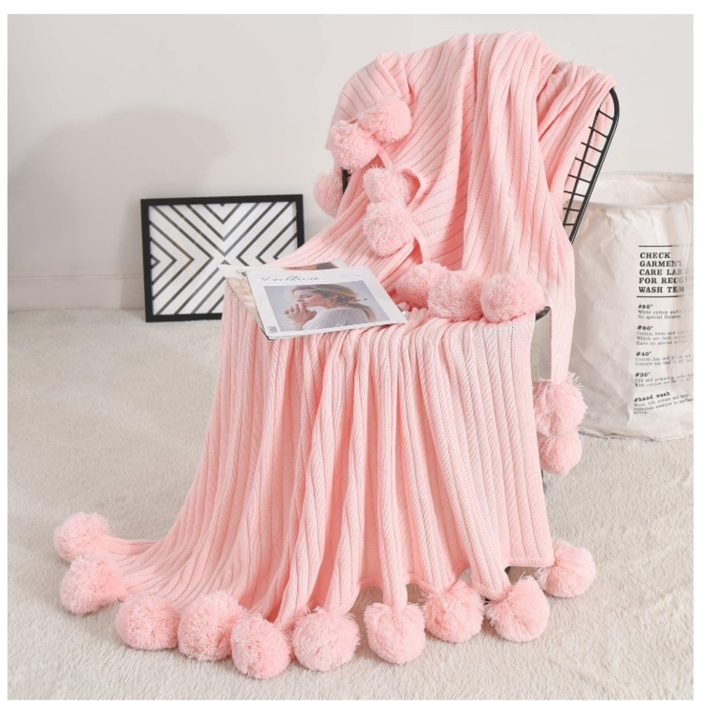 Light Grey Pompom Fringe Chic Cozy Soft Throw Blanket/Cover for Dorm/Living Room - Picture 7 of 11